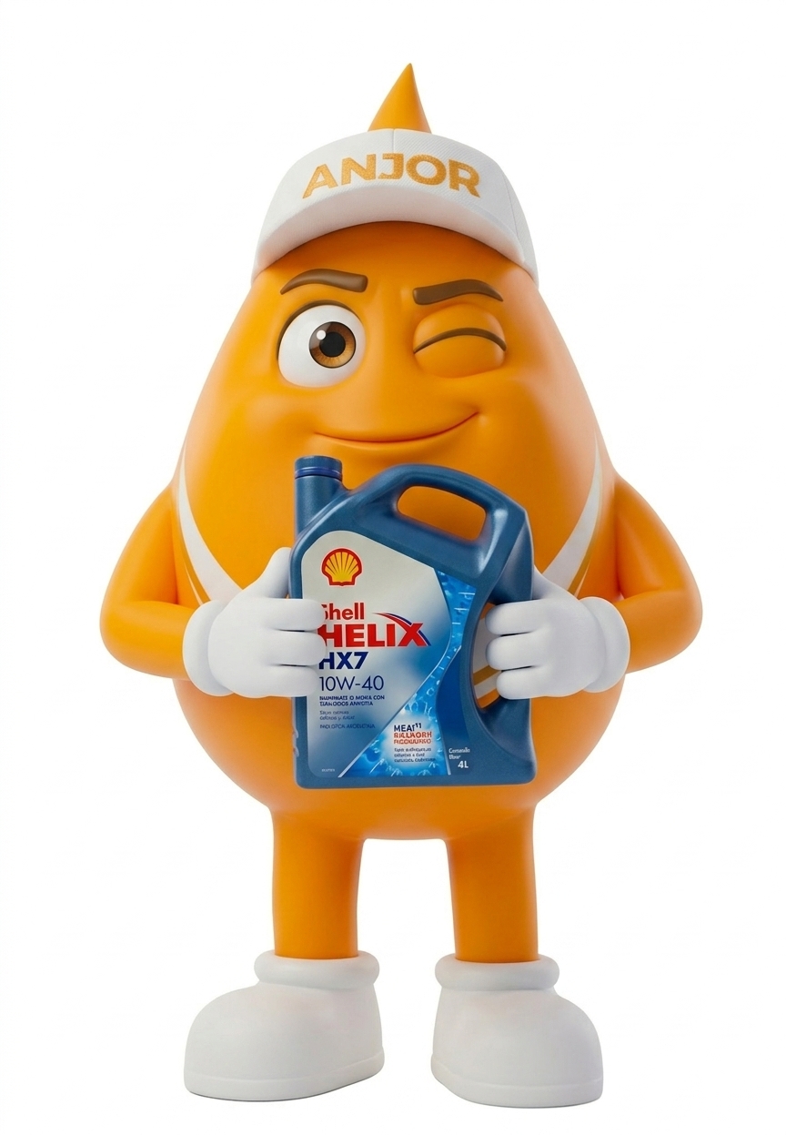 Anjorito con un envase de aceite Shell Helix